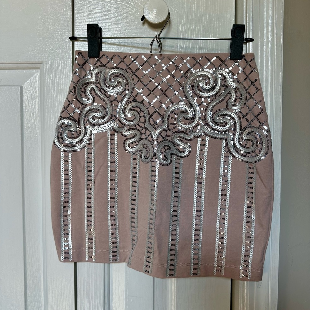 Express Silver Sequin Blush Mini Skirt